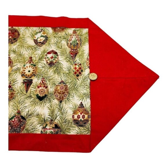 Vintage Holiday Table Runner Ornaments Pines Military Button Accent 14-1/2 x 39" - Picture 2 of 4